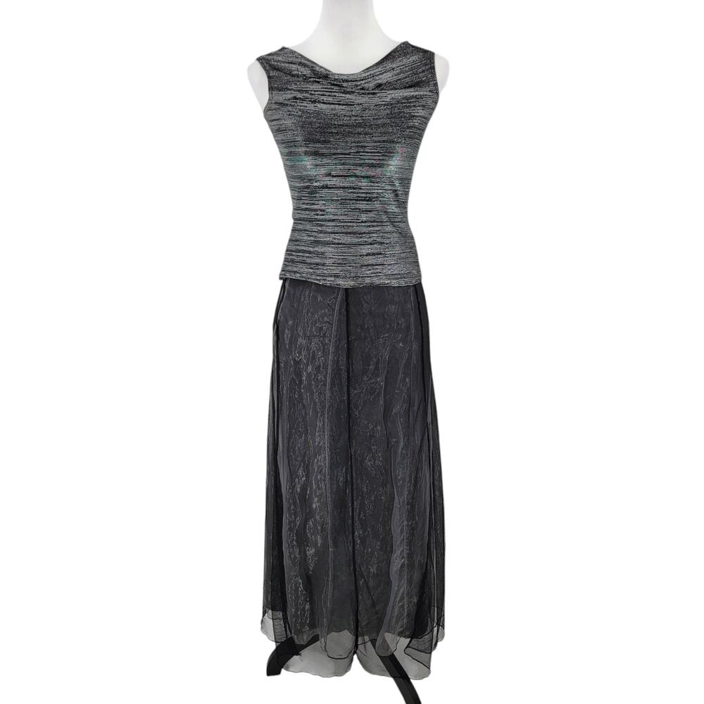 M. Kalan Top Skirt Set Women's Small Metallic Silver Top Layered Skirt Vintage